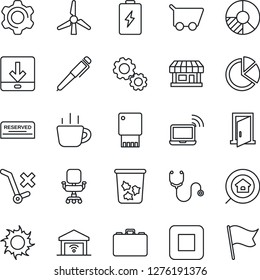 Thin Line Icon Set - trash bin vector, wireless notebook, case, coffee, circle chart, sun, stethoscope, store, no trolley, stop button, settings, download, pie graph, office chair, pen, windmill