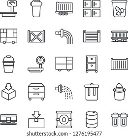 Thin Line Icon Set - trash bin vector, checkroom, bucket, watering, railroad, truck trailer, cargo container, consolidated, package, oil barrel, heavy scales, archive box, water filter