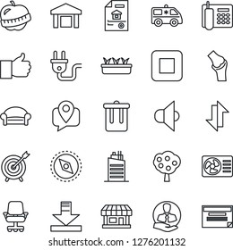 Thin Line Icon Set - trash bin vector, waiting area, seedling, ambulance car, joint, diet, store, client, mobile tracking, warehouse, speaker, finger up, stop button, data exchange, download, target