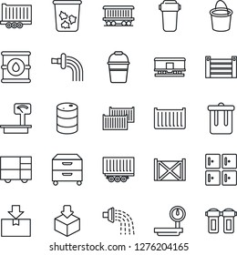 Thin Line Icon Set - trash bin vector, checkroom, bucket, watering, railroad, truck trailer, cargo container, consolidated, package, oil barrel, heavy scales, archive box, water filter