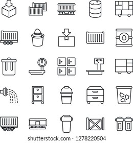 Thin Line Icon Set - trash bin vector, checkroom, bucket, watering, railroad, truck trailer, cargo container, consolidated, package, oil barrel, heavy scales, archive box, water filter