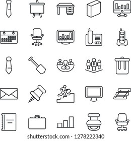 Thin Line Icon Set - trash bin vector, mail, office chair, case, desk, tie, presentation board, job, statistic monitor, phone, radio, paper pin, calendar, copybook, company, statistics, bar graph