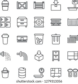 Thin Line Icon Set - trash bin vector, checkroom, bucket, watering, railroad, cargo container, consolidated, package, oil barrel, heavy scales, archive box, water filter