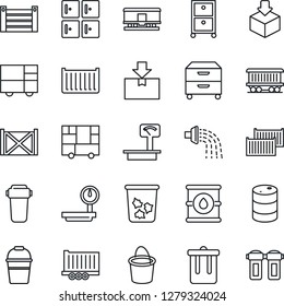 Thin Line Icon Set - trash bin vector, checkroom, bucket, watering, railroad, truck trailer, cargo container, consolidated, package, oil barrel, heavy scales, archive box, water filter