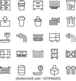 Thin Line Icon Set - trash bin vector, checkroom, bucket, watering, railroad, truck trailer, cargo container, consolidated, package, oil barrel, heavy scales, archive box, water filter