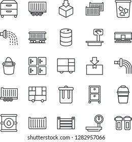 Thin Line Icon Set - trash bin vector, checkroom, bucket, watering, railroad, truck trailer, cargo container, consolidated, package, oil barrel, heavy scales, archive box, water filter