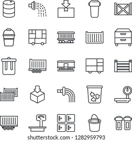 Thin Line Icon Set - trash bin vector, checkroom, bucket, watering, railroad, truck trailer, cargo container, consolidated, package, oil barrel, heavy scales, archive box, water filter