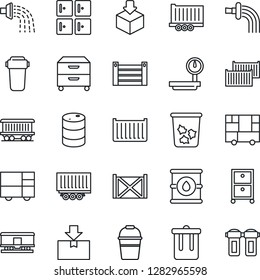 Thin Line Icon Set - trash bin vector, checkroom, bucket, watering, railroad, truck trailer, cargo container, consolidated, package, oil barrel, heavy scales, archive box, water filter