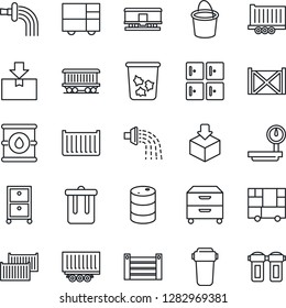 Thin Line Icon Set - trash bin vector, checkroom, bucket, watering, railroad, truck trailer, cargo container, consolidated, package, oil barrel, heavy scales, archive box, water filter