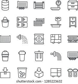 Thin Line Icon Set - trash bin vector, checkroom, bucket, watering, railroad, truck trailer, cargo container, consolidated, package, oil barrel, heavy scales, archive box, water filter