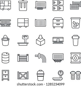 Thin Line Icon Set - trash bin vector, checkroom, bucket, watering, railroad, truck trailer, cargo container, consolidated, package, oil barrel, heavy scales, archive box, water filter