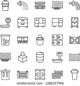 Thin Line Icon Set - trash bin vector, checkroom, bucket, watering, railroad, truck trailer, cargo container, consolidated, package, oil barrel, heavy scales, archive box, water filter