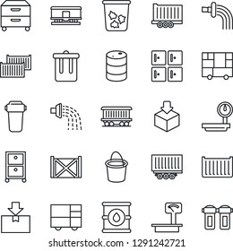 Thin Line Icon Set - trash bin vector, checkroom, bucket, watering, railroad, truck trailer, cargo container, consolidated, package, oil barrel, heavy scales, archive box, water filter