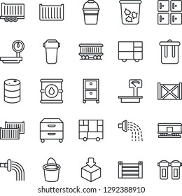 Thin Line Icon Set - trash bin vector, checkroom, bucket, watering, railroad, truck trailer, cargo container, consolidated, package, oil barrel, heavy scales, archive box, water filter