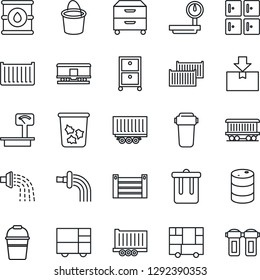 Thin Line Icon Set - trash bin vector, checkroom, bucket, watering, railroad, truck trailer, cargo container, consolidated, package, oil barrel, heavy scales, archive box, water filter