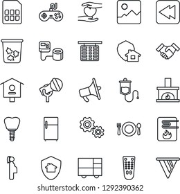 Thin Line Icon Set - trash bin vector, flight table, bird house, blood pressure, dropper, heart hand, implant, pregnancy, consolidated cargo, microphone, loudspeaker, gamepad, remote control, rewind