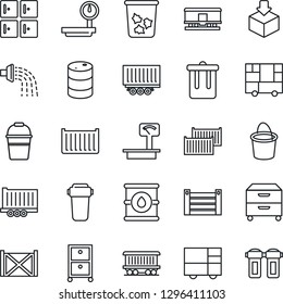 Thin Line Icon Set - trash bin vector, checkroom, bucket, watering, railroad, truck trailer, cargo container, consolidated, package, oil barrel, heavy scales, archive box, water filter