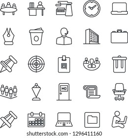 Thin Line Icon Set - trash bin vector, medical room, office building, case, pennant, team, notebook pc, coffee, meeting, drawing pin, calendar, factory, paper, folder, company, clock, identity card