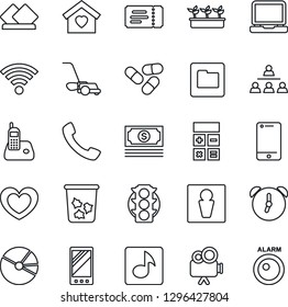 Thin Line Icon Set - trash bin vector, male, ticket, calculator, lawn mower, seedling, heart, pills, cash, traffic light, video camera, cell phone, laptop pc, radio, mobile, call, alarm, folder, led