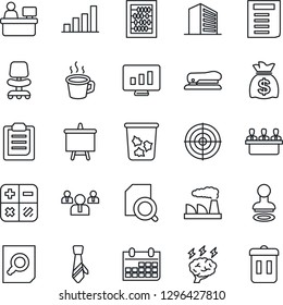 Thin Line Icon Set - trash bin vector, stamp, office building, chair, calculator, team, document search, abacus, money bag, presentation board, brainstorm, manager place, calendar, factory, coffee