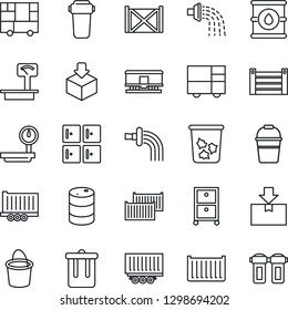 Thin Line Icon Set - trash bin vector, checkroom, bucket, watering, truck trailer, cargo container, consolidated, package, oil barrel, heavy scales, railroad, archive box, water filter