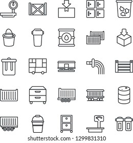 Thin Line Icon Set - trash bin vector, checkroom, bucket, watering, railroad, truck trailer, cargo container, consolidated, package, oil barrel, heavy scales, archive box, water filter