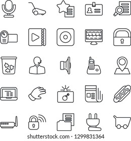 Thin Line Icon Set - trash bin vector, bomb in case, identity, document search, notebook pc, glove, lawn mower, monitor pulse, pin, news, speaker, video camera, microphone, radio phone, rec button