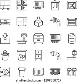 Thin Line Icon Set - trash bin vector, checkroom, bucket, watering, railroad, truck trailer, cargo container, consolidated, package, oil barrel, heavy scales, archive box, water filter