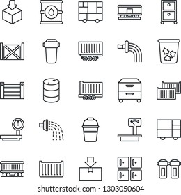 Thin Line Icon Set - trash bin vector, checkroom, bucket, watering, railroad, truck trailer, cargo container, consolidated, package, oil barrel, heavy scales, archive box, water filter