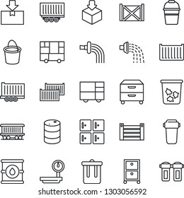 Thin Line Icon Set - trash bin vector, checkroom, bucket, watering, railroad, truck trailer, cargo container, consolidated, package, oil barrel, heavy scales, archive box, water filter