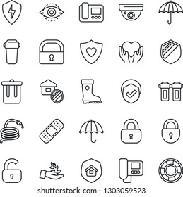 Thin Line Icon Set - trash bin vector, lock, boot, hose, patch, heart shield, hand, umbrella, protect, eye id, estate insurance, intercome, water filter, surveillance, palm sproute