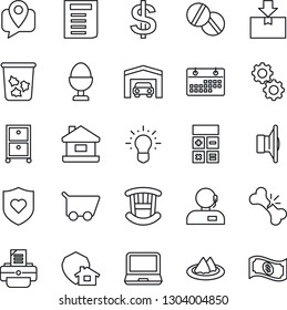 Thin Line Icon Set - trash bin vector, dollar sign, calculator, document, printer, pills, heart shield, broken bone, mobile tracking, package, speaker, laptop pc, calendar, support, archive box