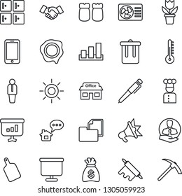 Thin Line Icon Set - trash bin vector, checkroom, manager, handshake, mobile phone, money bag, stamp, flower in pot, sun, store, client, folder document, sorting, presentation board, pen, cook