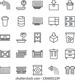 Thin Line Icon Set - trash bin vector, checkroom, bucket, watering, railroad, truck trailer, cargo container, consolidated, package, oil barrel, heavy scales, archive box, water filter