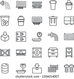 Thin Line Icon Set - trash bin vector, checkroom, bucket, watering, railroad, truck trailer, cargo container, consolidated, package, oil barrel, heavy scales, archive box, water filter