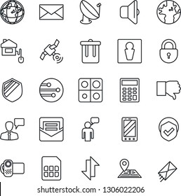 Thin Line Icon Set - trash bin vector, male, lock, mobile phone, speaking man, mail, navigation, earth, shield, satellite antenna, video camera, finger down, sim, network, data exchange, application