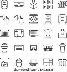 Thin Line Icon Set - trash bin vector, checkroom, bucket, watering, railroad, truck trailer, cargo container, consolidated, package, oil barrel, archive box, water filter