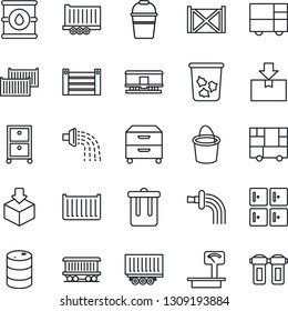 Thin Line Icon Set - trash bin vector, checkroom, bucket, watering, railroad, truck trailer, cargo container, consolidated, package, oil barrel, heavy scales, archive box, water filter