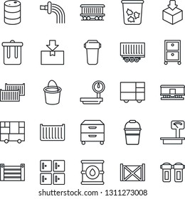 Thin Line Icon Set - trash bin vector, checkroom, bucket, watering, railroad, truck trailer, cargo container, consolidated, package, oil barrel, heavy scales, archive box, water filter