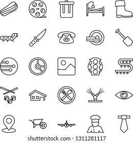 Thin Line Icon Set - trash bin vector, plane, job, circle chart, wheelbarrow, boot, caterpillar, drip irrigation, tomography, hospital bed, eye, traffic light, reel, gallery, network, place tag, tie