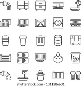 Thin Line Icon Set - trash bin vector, checkroom, bucket, watering, railroad, truck trailer, cargo container, consolidated, package, oil barrel, heavy scales, archive box, water filter