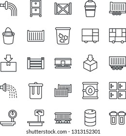 Thin Line Icon Set - trash bin vector, checkroom, bucket, watering, railroad, truck trailer, cargo container, consolidated, package, oil barrel, heavy scales, archive box, water filter
