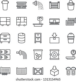 Thin Line Icon Set - trash bin vector, checkroom, bucket, watering, railroad, truck trailer, cargo container, consolidated, package, oil barrel, heavy scales, archive box, water filter