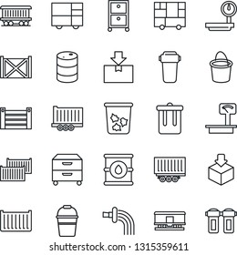 Thin Line Icon Set - trash bin vector, bucket, watering, railroad, truck trailer, cargo container, consolidated, package, oil barrel, heavy scales, archive box, water filter
