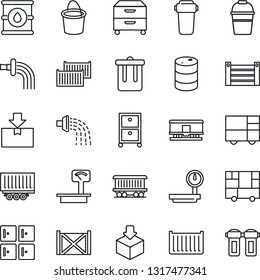 Thin Line Icon Set - trash bin vector, checkroom, bucket, watering, railroad, truck trailer, cargo container, consolidated, package, oil barrel, heavy scales, archive box, water filter
