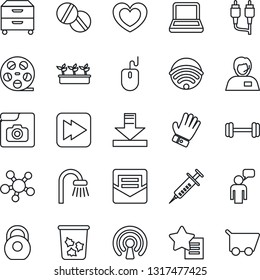 Thin Line Icon Set - trash bin vector, speaking man, mouse, glove, seedling, heart, syringe, pills, barbell, support, heavy, reel, share, favorites list, fast forward, rca, mail, download, bathroom