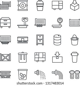 Thin Line Icon Set - trash bin vector, bucket, watering, railroad, truck trailer, cargo container, consolidated, package, oil barrel, heavy scales, archive box, water filter