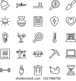 Thin Line Icon Set - trash bin vector, boarding, abacus, bulb, trowel, heart, barbell, pregnancy, clipboard, search cargo, laptop pc, protect, bell, stamp, pool, crane, menu, cocktail, chicken