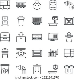 Thin Line Icon Set - trash bin vector, bucket, watering, railroad, truck trailer, cargo container, consolidated, package, oil barrel, heavy scales, archive box, water filter