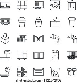 Thin Line Icon Set - trash bin vector, checkroom, bucket, watering, railroad, truck trailer, cargo container, consolidated, package, oil barrel, heavy scales, water filter